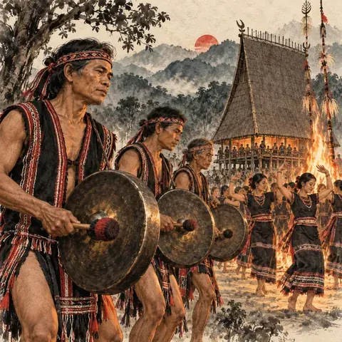 Tranh minh hoạ Lễ hội Aza Koo (Mừng lúa mới Pa Cô - Tà Ôi)