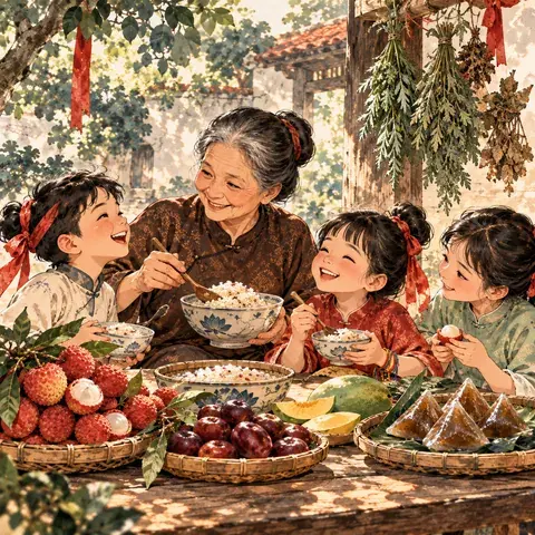 Tranh minh hoạ Lễ hội Tết Đoan Ngọ (Tết giết sâu bọ)