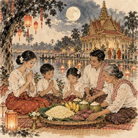 Tranh minh hoạ Lễ hội Ok Om Bok (Lễ Cúng Trăng)