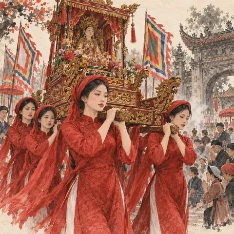 Tranh minh hoạ Lễ hội Phủ Dầy (Hội Phủ Dầy)
