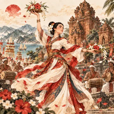 Tranh minh hoạ Lễ hội Tháp Bà Ponagar Nha Trang