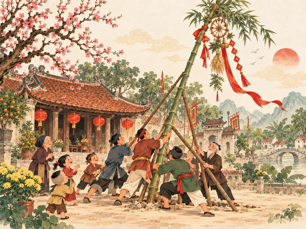 Tranh minh hoạ: Cây nêu ngày Tết