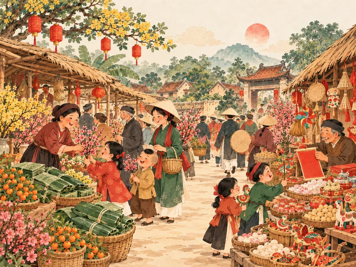 Tranh minh hoạ: Chợ Tết xưa và những phiên chợ cuối năm nổi tiếng