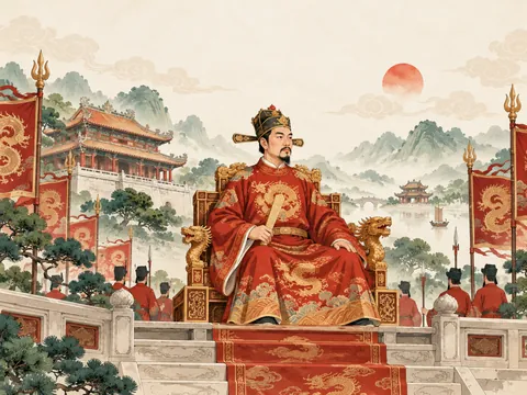 Vua ngự trên ngai vàng trong cung điện, quan lại đứng hầu hai bên