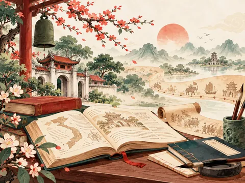 Cuốn sách mở, bản đồ nước Việt và cuộn giấy bút mực