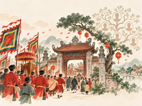 Đoàn rước lễ hội qua cổng đình và cây gia phả