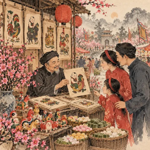 Tranh minh hoạ Chợ Viềng