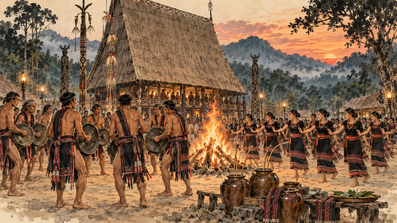 Tranh minh hoạ Lễ hội Aza Koo (Mừng lúa mới Pa Cô - Tà Ôi)