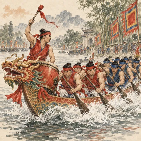 Tranh minh hoạ Lễ hội Bơi Đăm
