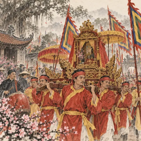 Tranh minh hoạ Lễ hội làng Đồng Kỵ (Hội rước pháo Đồng Kỵ)