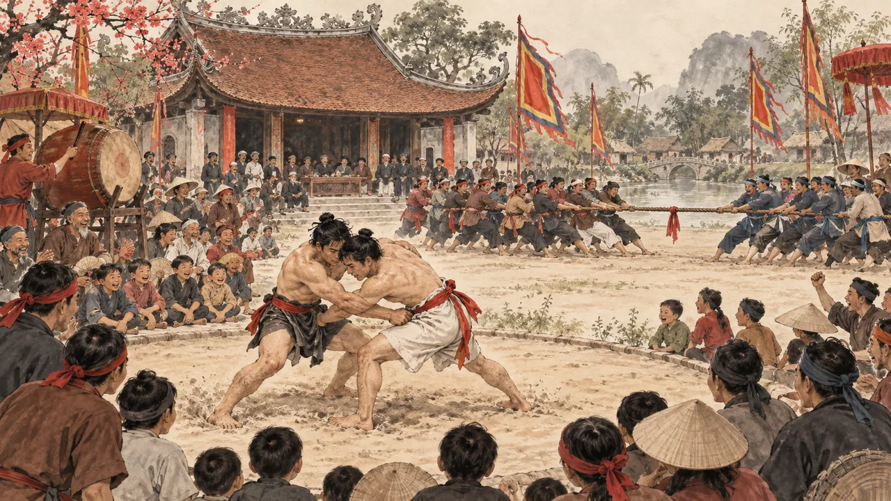 Tranh minh hoạ Lễ hội Vật cầu nước làng Vân