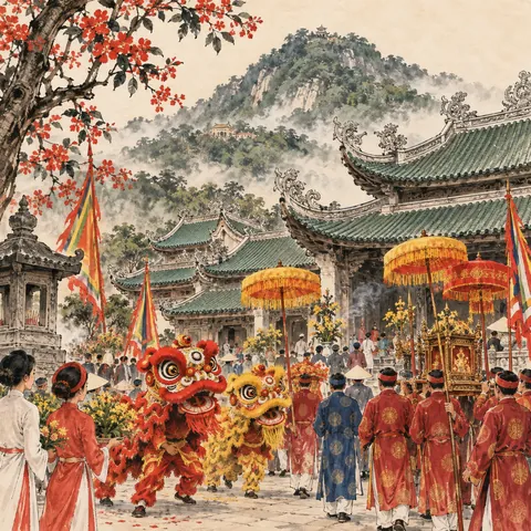 Tranh minh hoạ Lễ hội Vía Bà Chúa Xứ Núi Sam