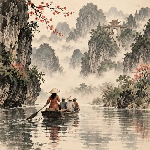 Tranh minh hoạ Lễ hội Chùa Hương (Hội Chùa Hương)