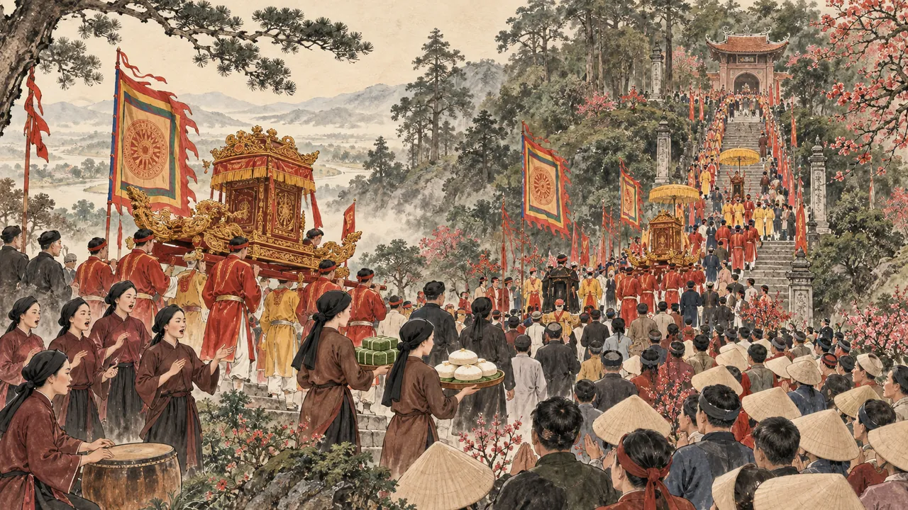 Tranh minh hoạ Giỗ Tổ Hùng Vương (Lễ hội Đền Hùng)