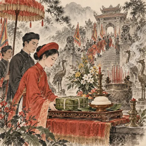 Tranh minh hoạ Giỗ Tổ Hùng Vương (Lễ hội Đền Hùng)