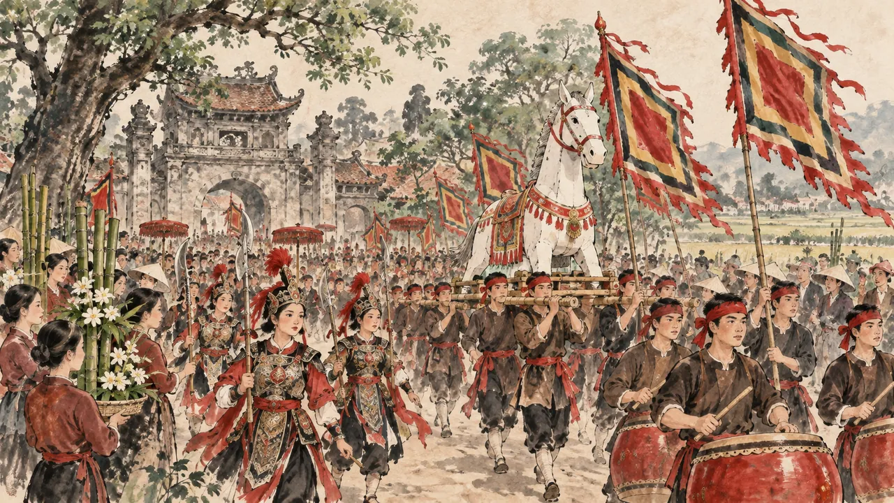Tranh minh hoạ Hội Gióng đền Phù Đổng