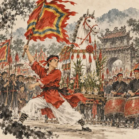 Tranh minh hoạ Hội Gióng đền Sóc (Hội đền Sóc)
