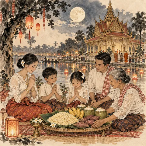 Tranh minh hoạ Lễ hội Ok Om Bok (Lễ Cúng Trăng)