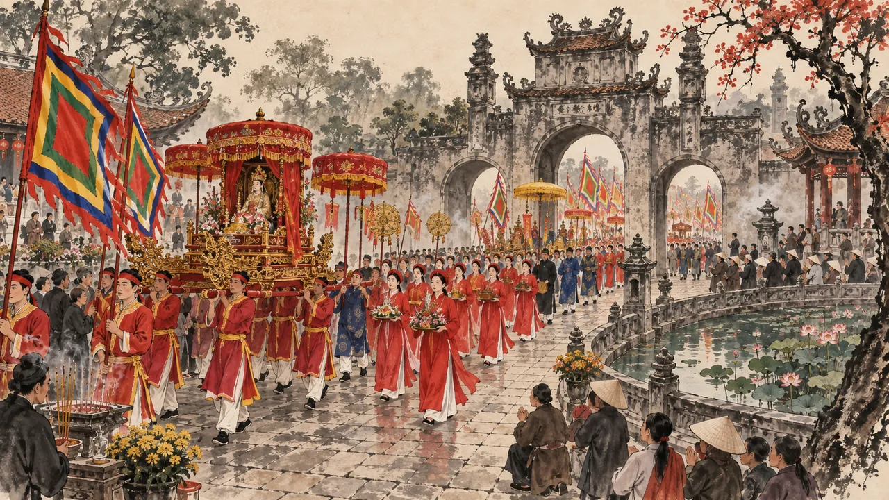 Tranh minh hoạ Lễ hội Phủ Dầy (Hội Phủ Dầy)