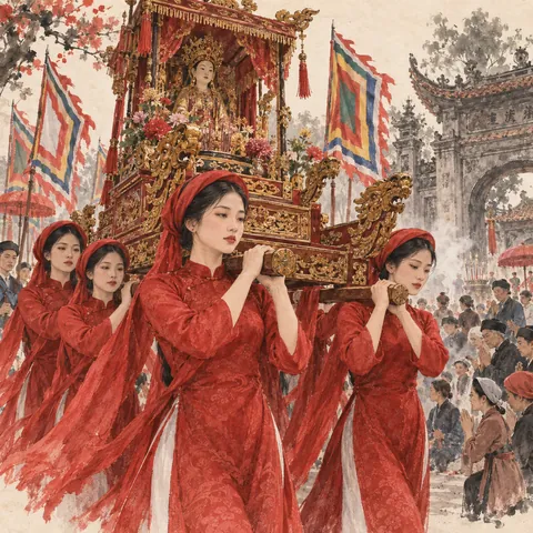 Tranh minh hoạ Lễ hội Phủ Dầy (Hội Phủ Dầy)