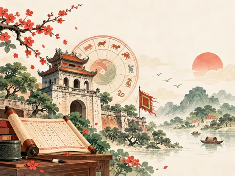Cổng thành cổ, bánh xe mười hai con giáp và cuộn sách sử bên bờ sông