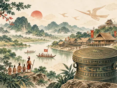 Trống đồng bên nhà sàn và thuyền trên sông thời dựng nước