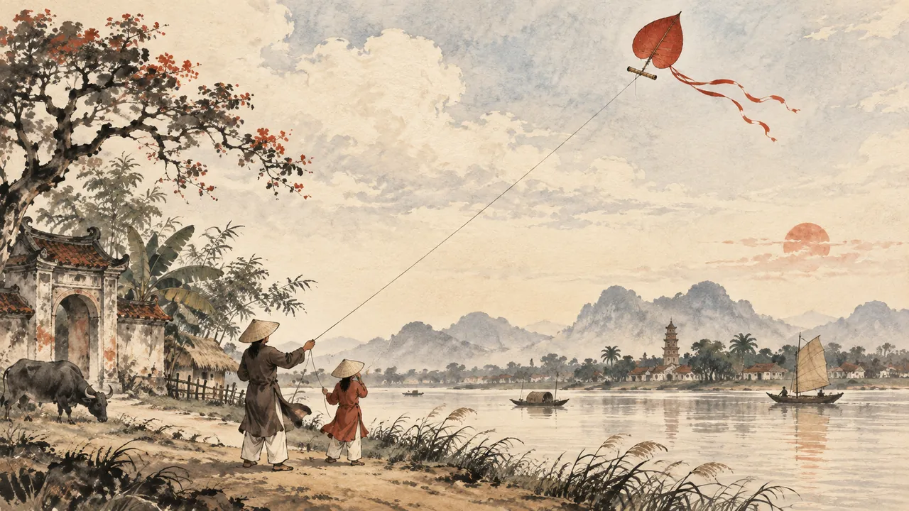 Tranh minh hoạ: Thả diều (diều sáo)