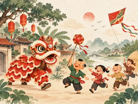Múa lân và trẻ em vui chơi ngày hội